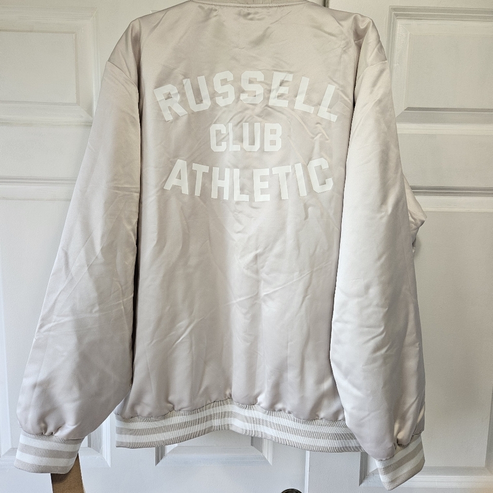 Russell Athletic Cream Bomber Varsity Jacket with Ribbed Details - Picture 7 of 8